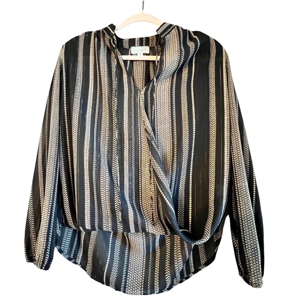 Veronica M Striped Blouse XS Long Sleeve Semi Sheer‎ Black Beige Draped Top